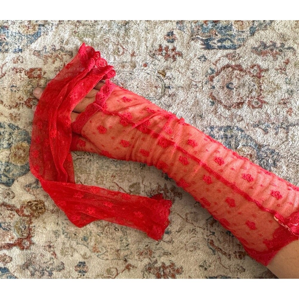 Vintage 1980s Style Red Lace Fingerless Arm Sheaths Gloves Stretch Floral Sony